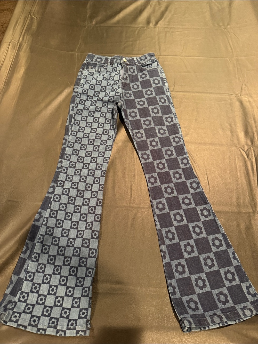 Jaded London Blue Checkerboard Floral Flared Jeans